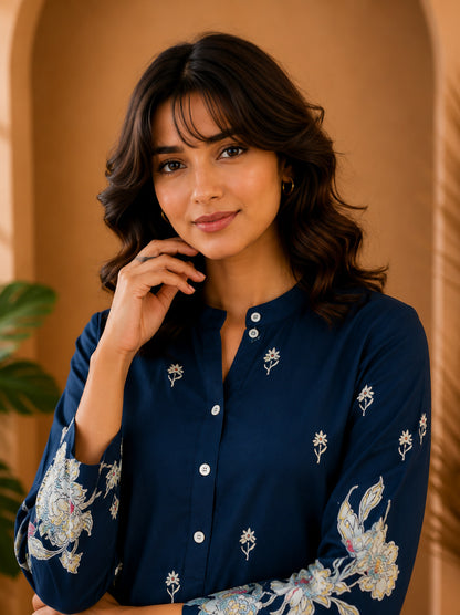 Floral Print Co-Ord Set with Mandarin Collar Tunic and Wide-Leg Palazzos