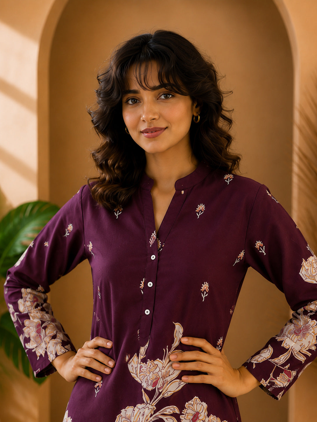 Floral Print Co-Ord Set with Mandarin Collar Tunic and Wide-Leg Palazzos
