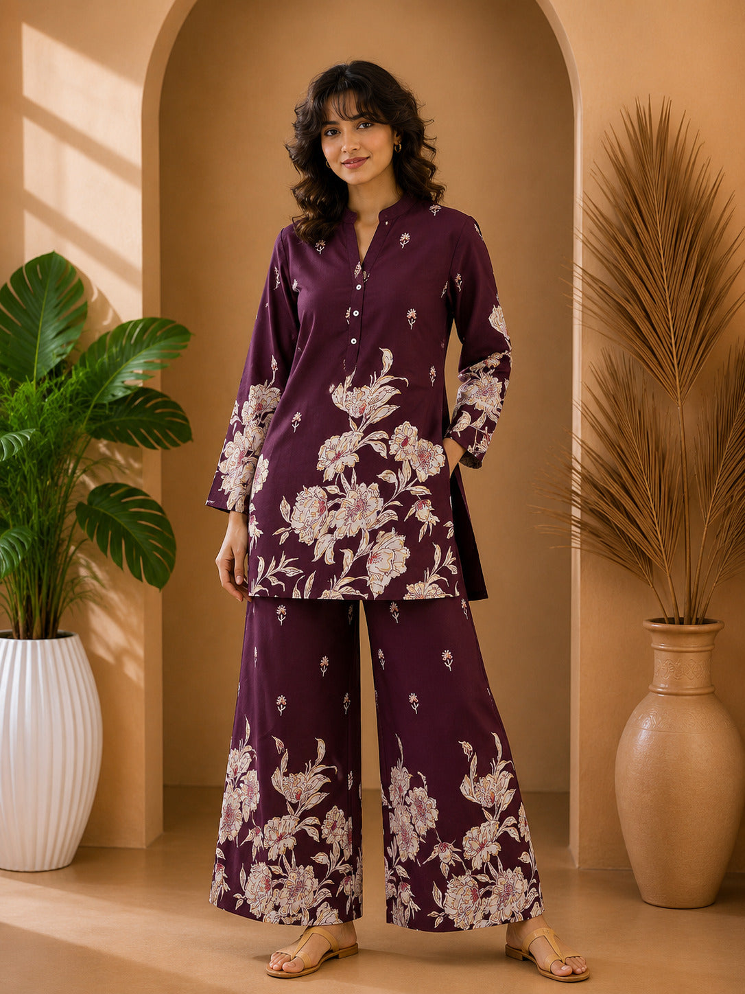Floral Print Co-Ord Set with Mandarin Collar Tunic and Wide-Leg Palazzos
