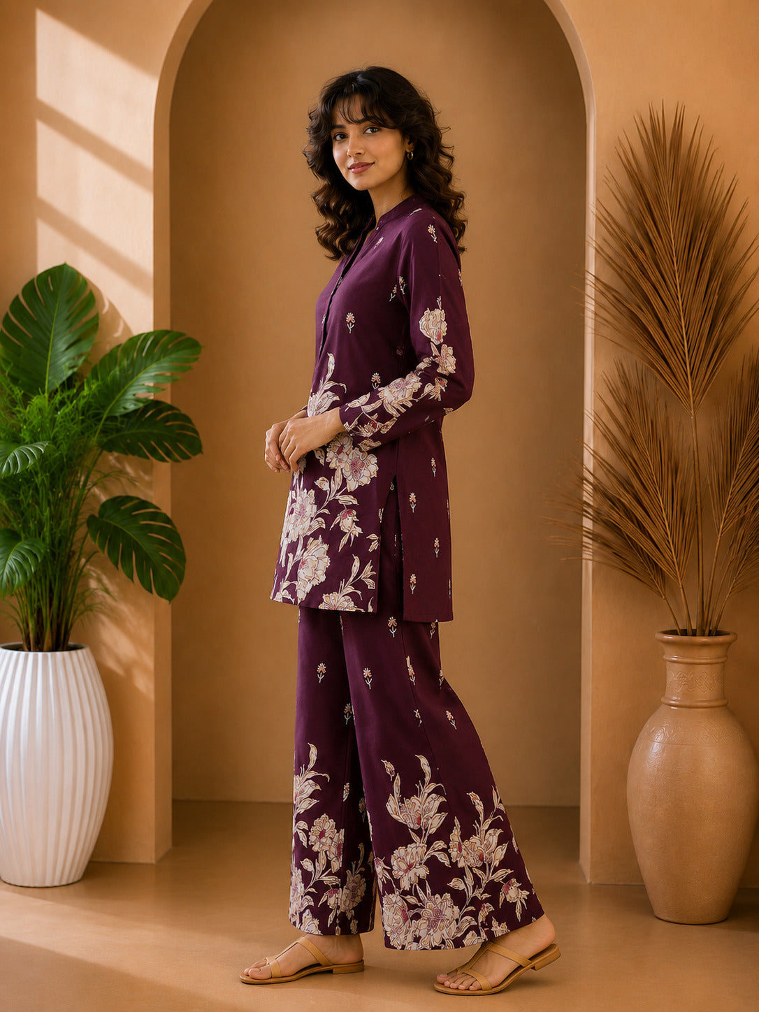 Floral Print Co-Ord Set with Mandarin Collar Tunic and Wide-Leg Palazzos