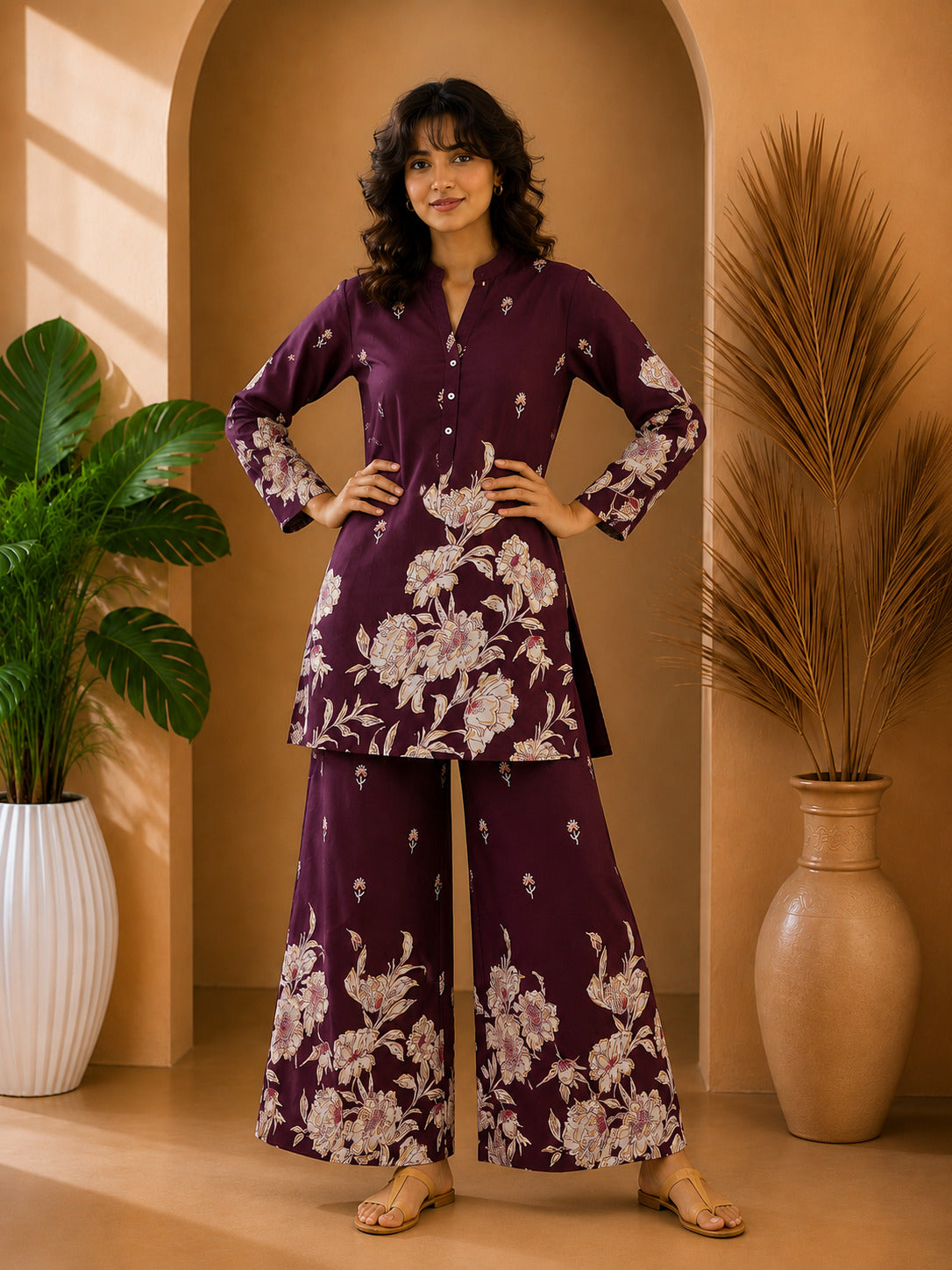 Floral Print Co-Ord Set with Mandarin Collar Tunic and Wide-Leg Palazzos