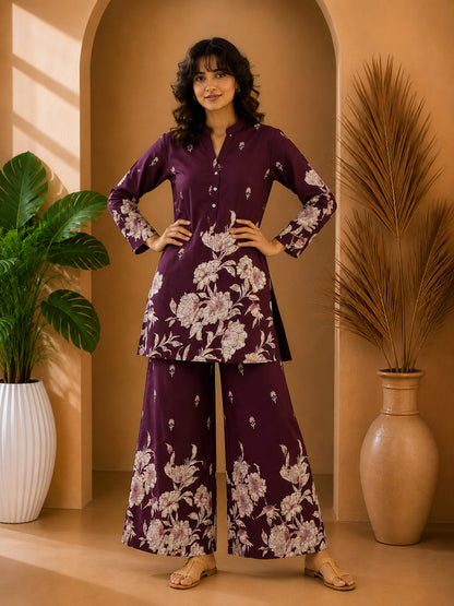 Floral Print Co-Ord Set with Mandarin Collar Tunic and Wide-Leg Palazzos