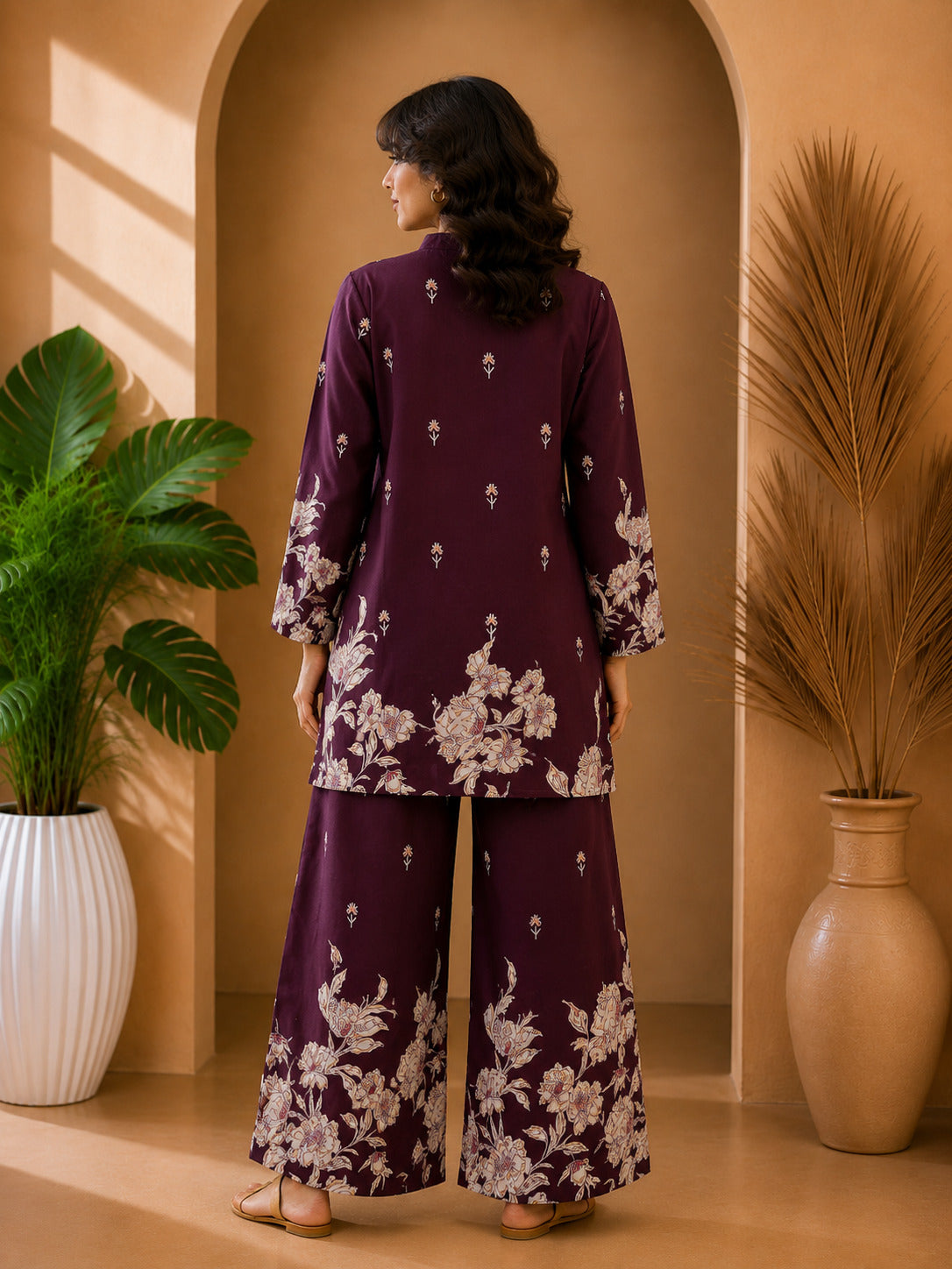 Floral Print Co-Ord Set with Mandarin Collar Tunic and Wide-Leg Palazzos