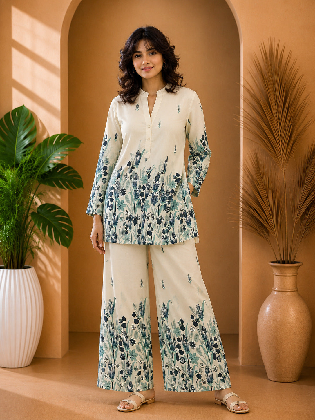 Floral Print Co-Ord Set with Mandarin Collar Tunic and Wide-Leg Palazzos