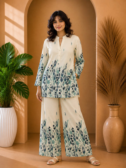 Floral Print Co-Ord Set with Mandarin Collar Tunic and Wide-Leg Palazzos