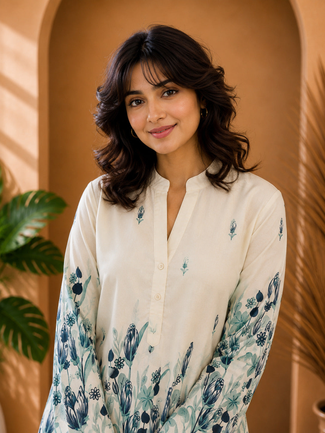 Floral Print Co-Ord Set with Mandarin Collar Tunic and Wide-Leg Palazzos