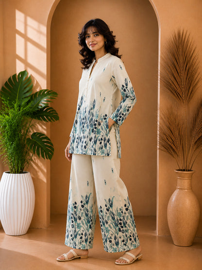 Floral Print Co-Ord Set with Mandarin Collar Tunic and Wide-Leg Palazzos