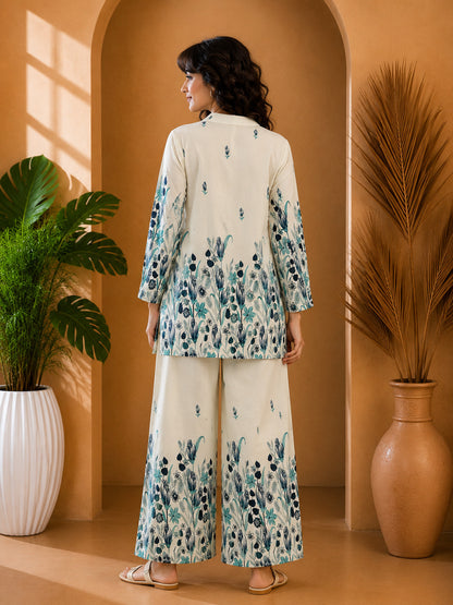 Floral Print Co-Ord Set with Mandarin Collar Tunic and Wide-Leg Palazzos