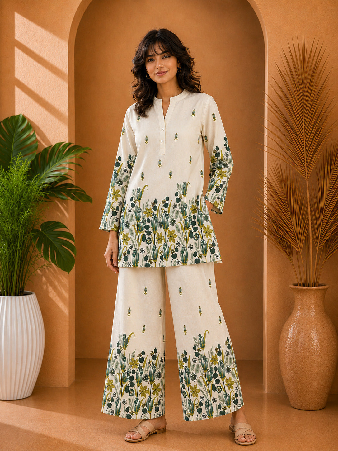 Floral Print Co-Ord Set with Mandarin Collar Tunic and Wide-Leg Palazzos