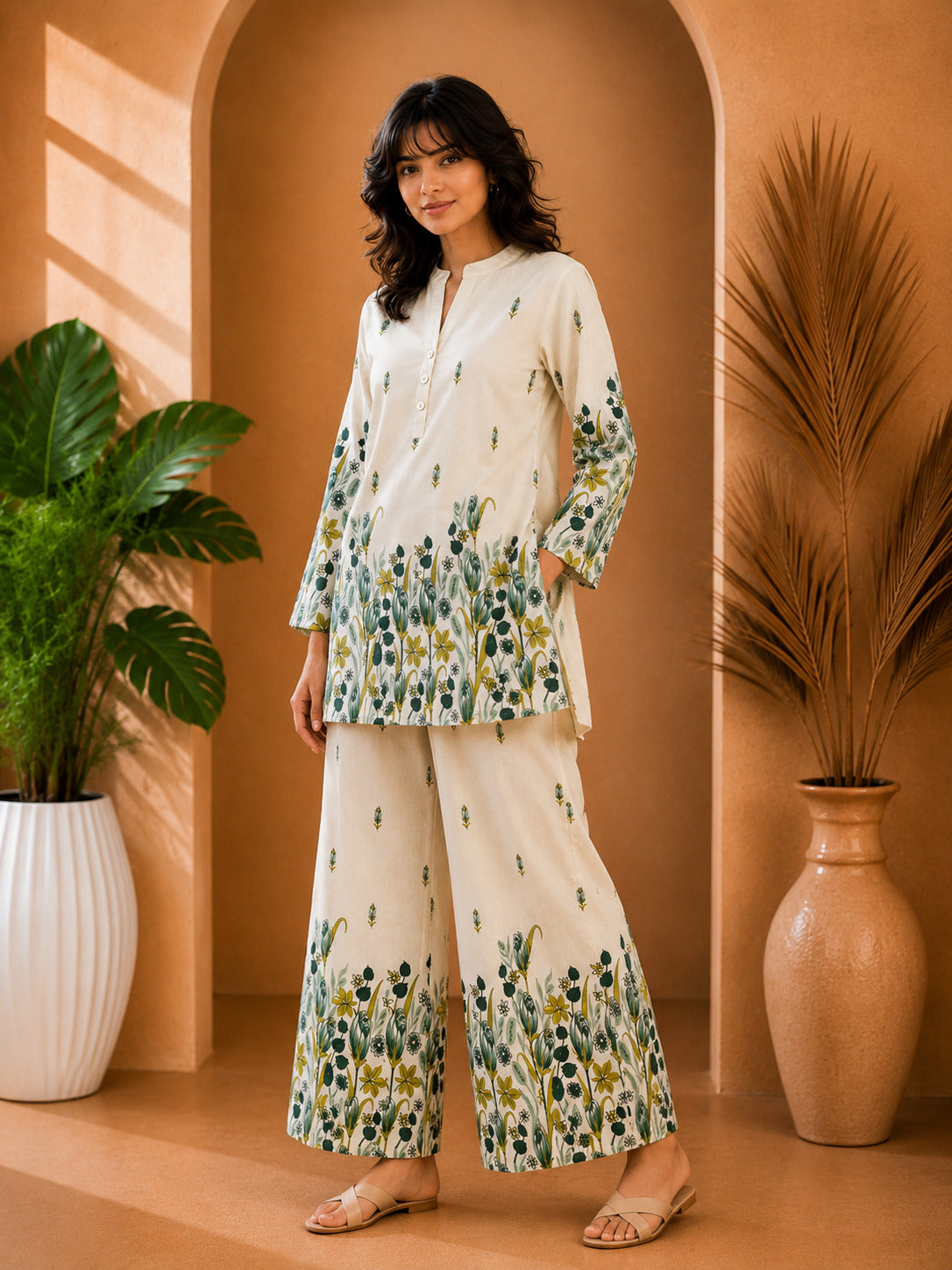 Floral Print Co-Ord Set with Mandarin Collar Tunic and Wide-Leg Palazzos
