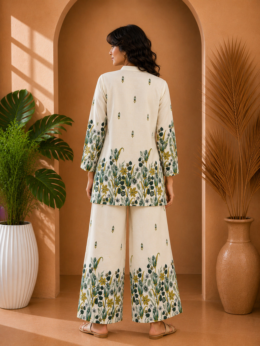 Floral Print Co-Ord Set with Mandarin Collar Tunic and Wide-Leg Palazzos
