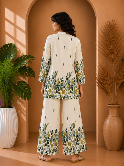 Floral Print Co-Ord Set with Mandarin Collar Tunic and Wide-Leg Palazzos