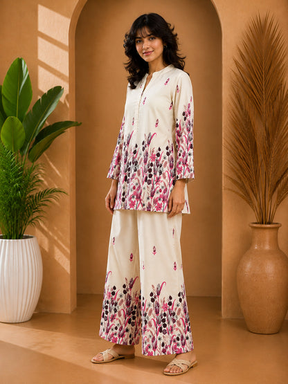 Floral Print Co-Ord Set with Mandarin Collar Tunic and Wide-Leg Palazzos