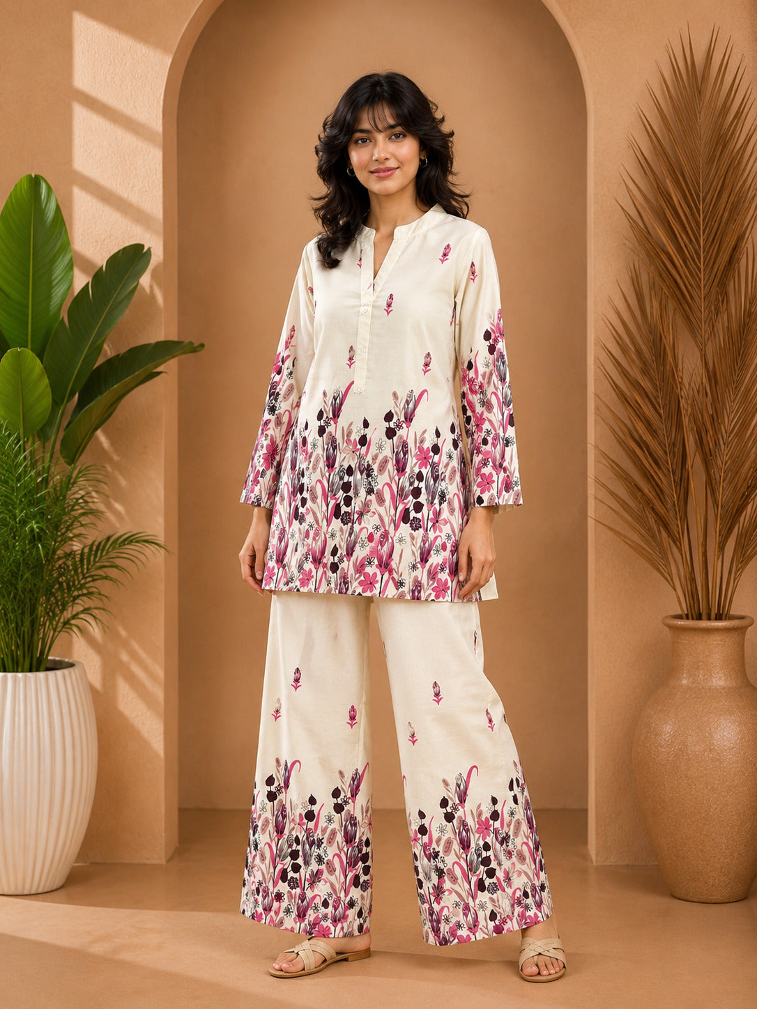 Floral Print Co-Ord Set with Mandarin Collar Tunic and Wide-Leg Palazzos