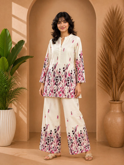 Floral Print Co-Ord Set with Mandarin Collar Tunic and Wide-Leg Palazzos