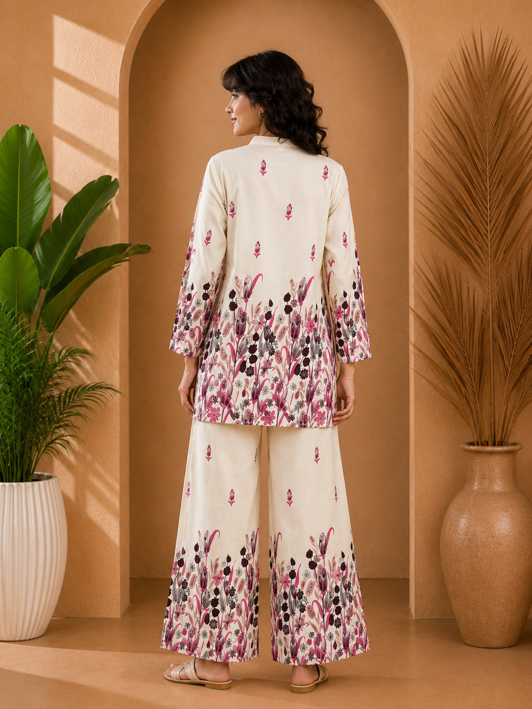 Floral Print Co-Ord Set with Mandarin Collar Tunic and Wide-Leg Palazzos
