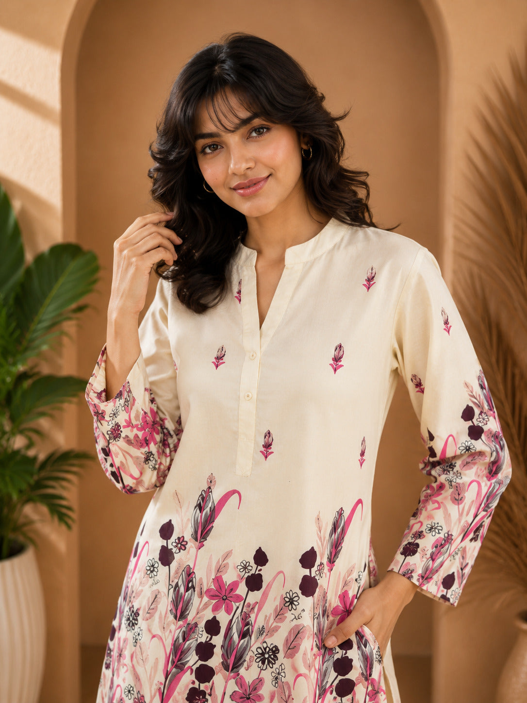 Floral Print Co-Ord Set with Mandarin Collar Tunic and Wide-Leg Palazzos