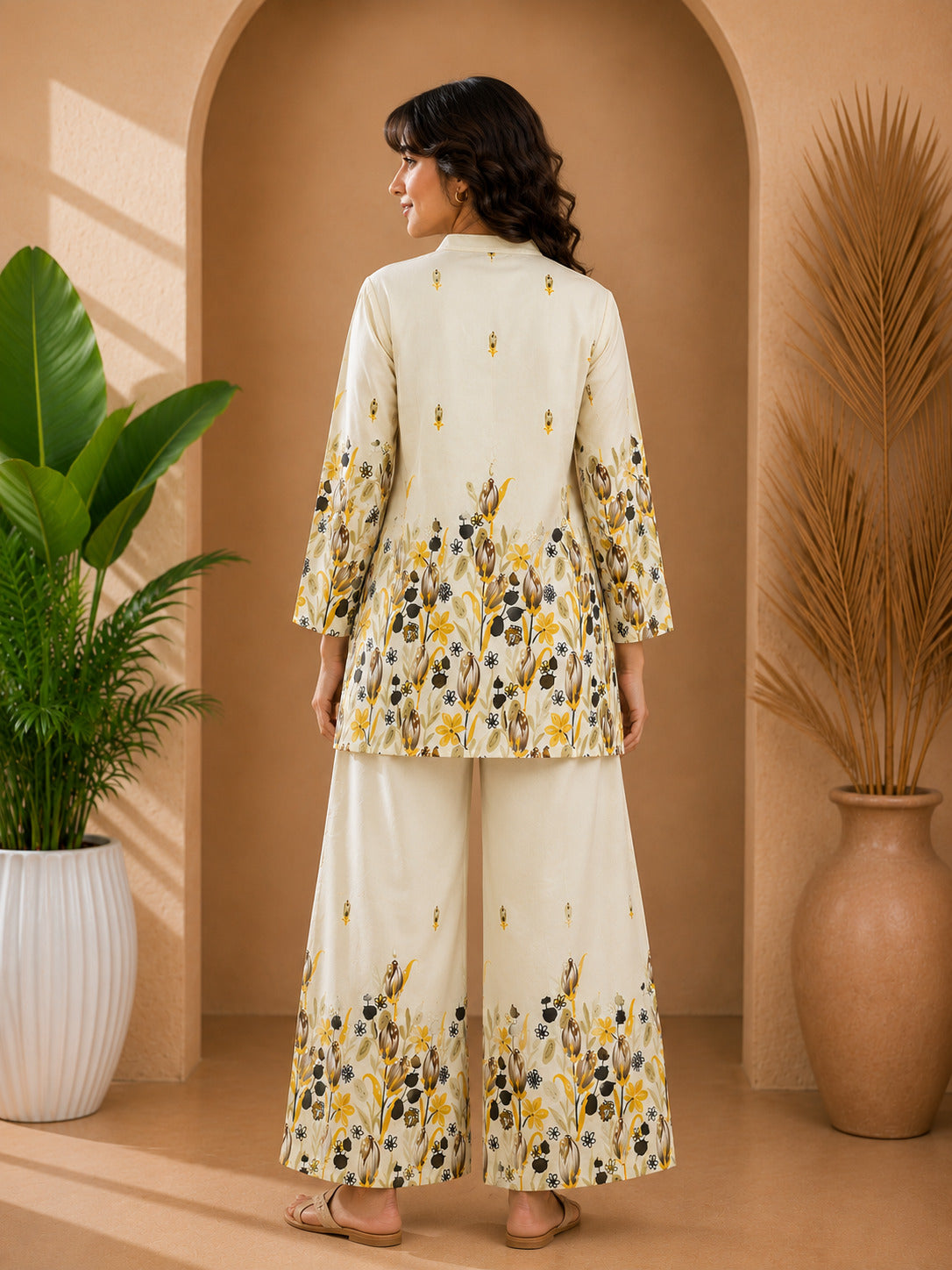 Floral Print Co-Ord Set with Mandarin Collar Tunic and Wide-Leg Palazzos