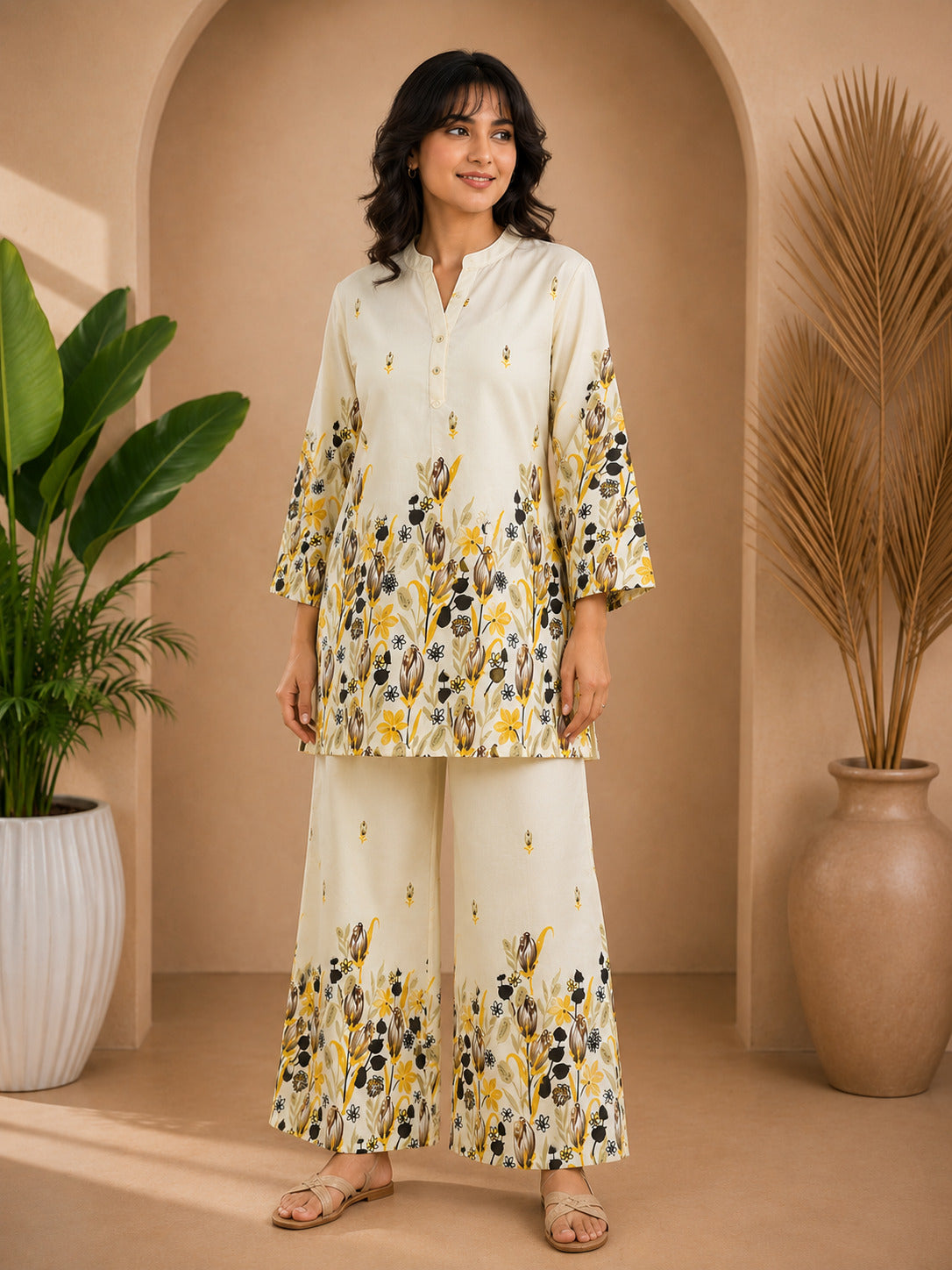 Floral Print Co-Ord Set with Mandarin Collar Tunic and Wide-Leg Palazzos