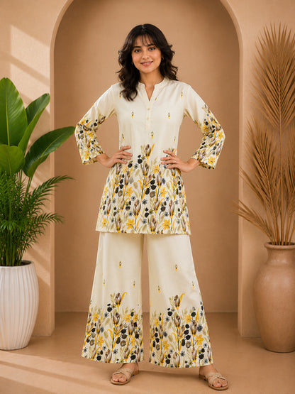 Floral Print Co-Ord Set with Mandarin Collar Tunic and Wide-Leg Palazzos