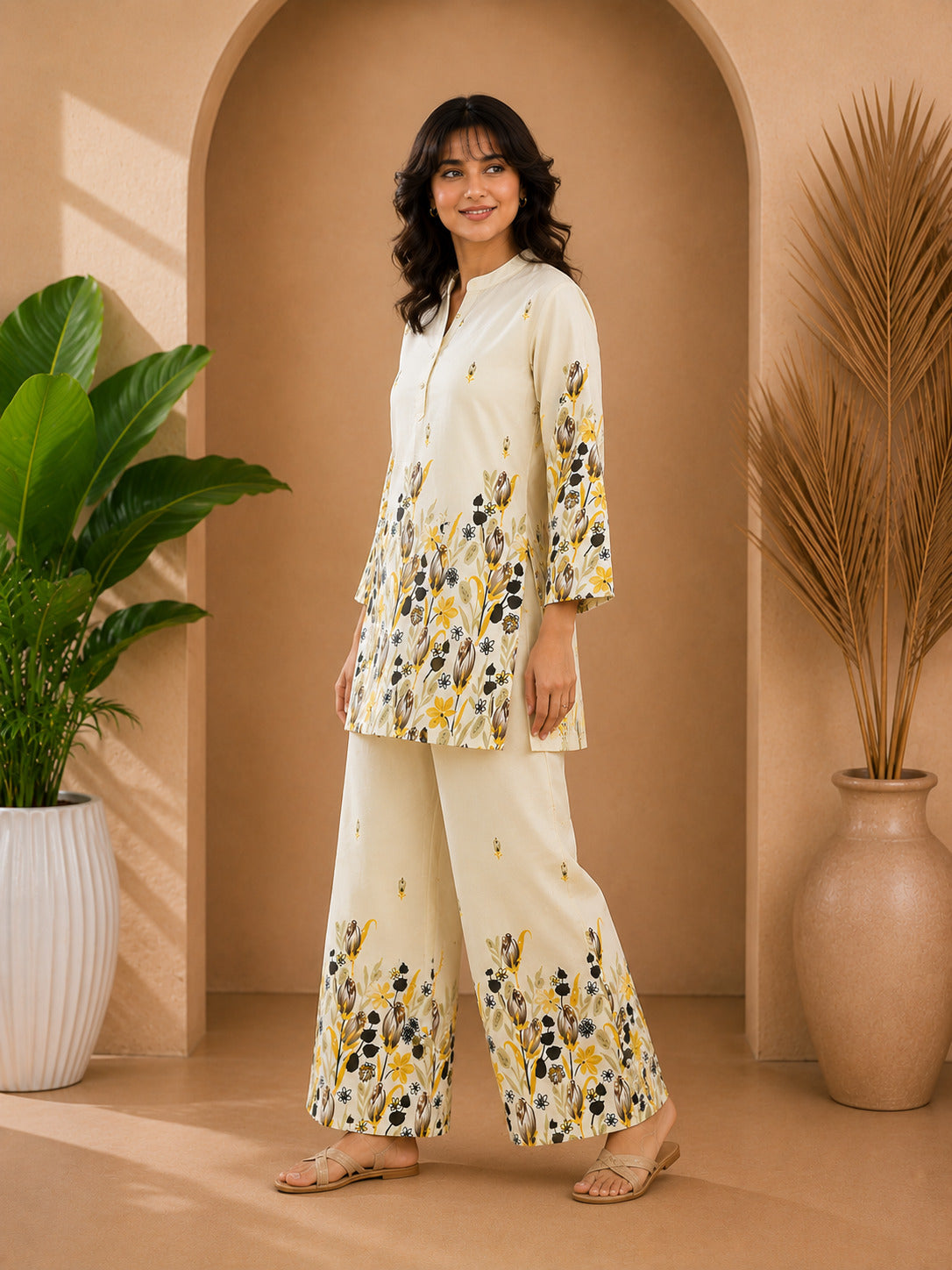 Floral Print Co-Ord Set with Mandarin Collar Tunic and Wide-Leg Palazzos