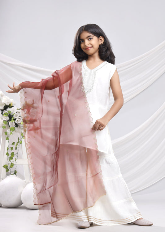 Misbis Girl's Sequence Work Kurta Sharara Dupatta Set