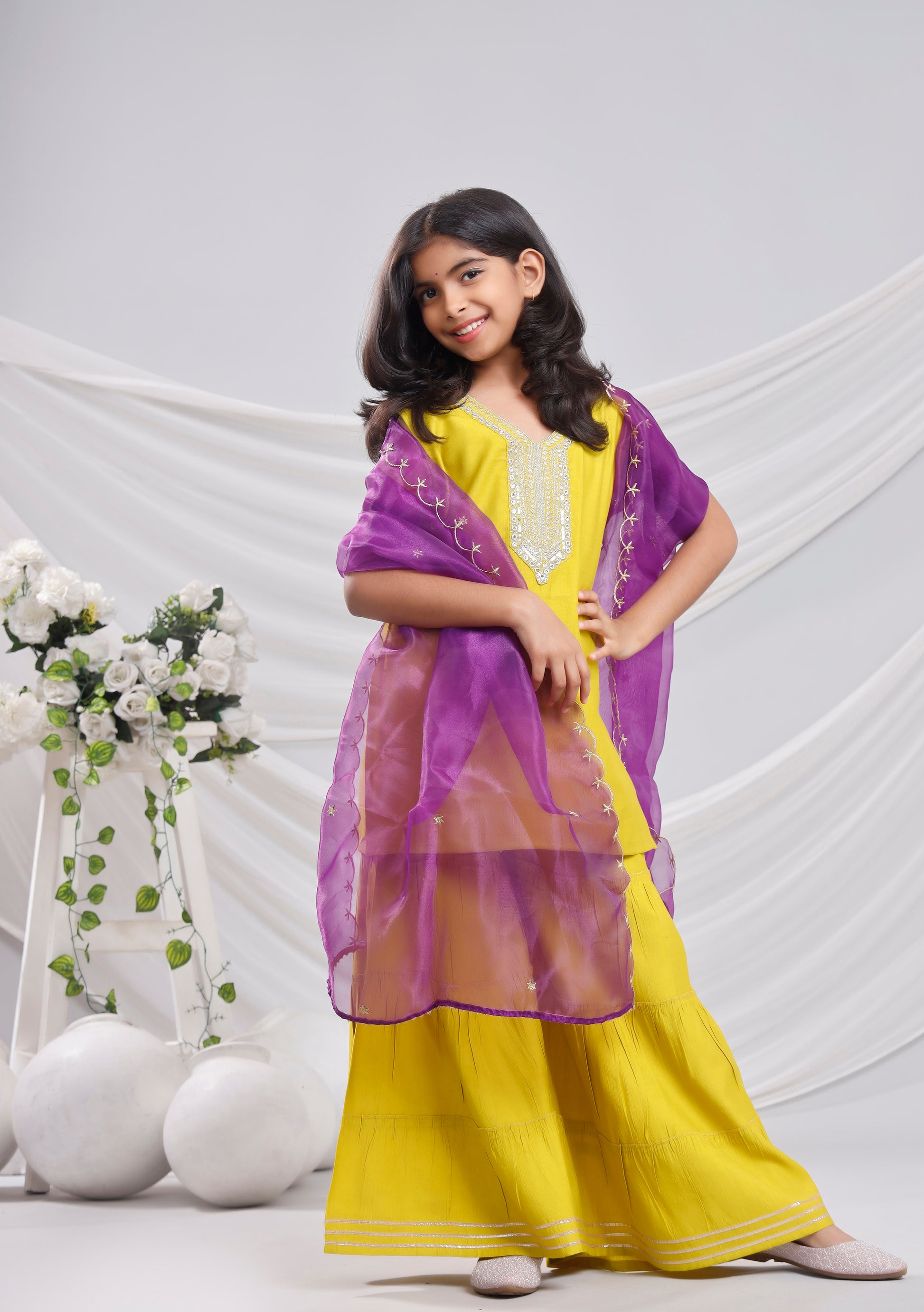 Misbis Girl's Sequence Work Kurta Sharara Dupatta Set