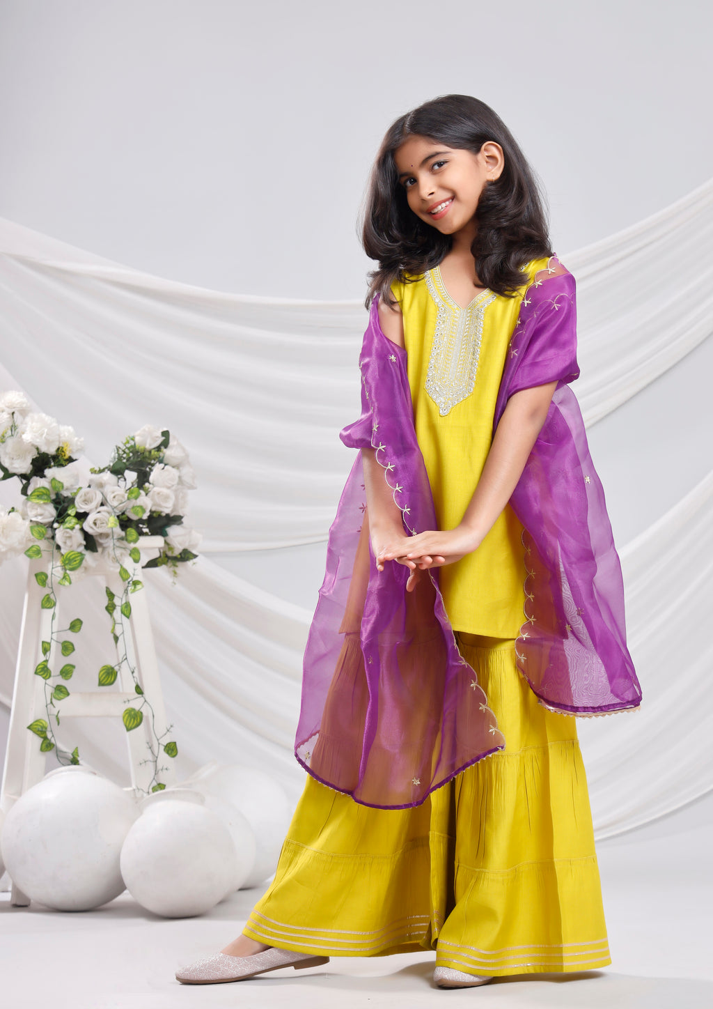Misbis Girl's Sequence Work Kurta Sharara Dupatta Set