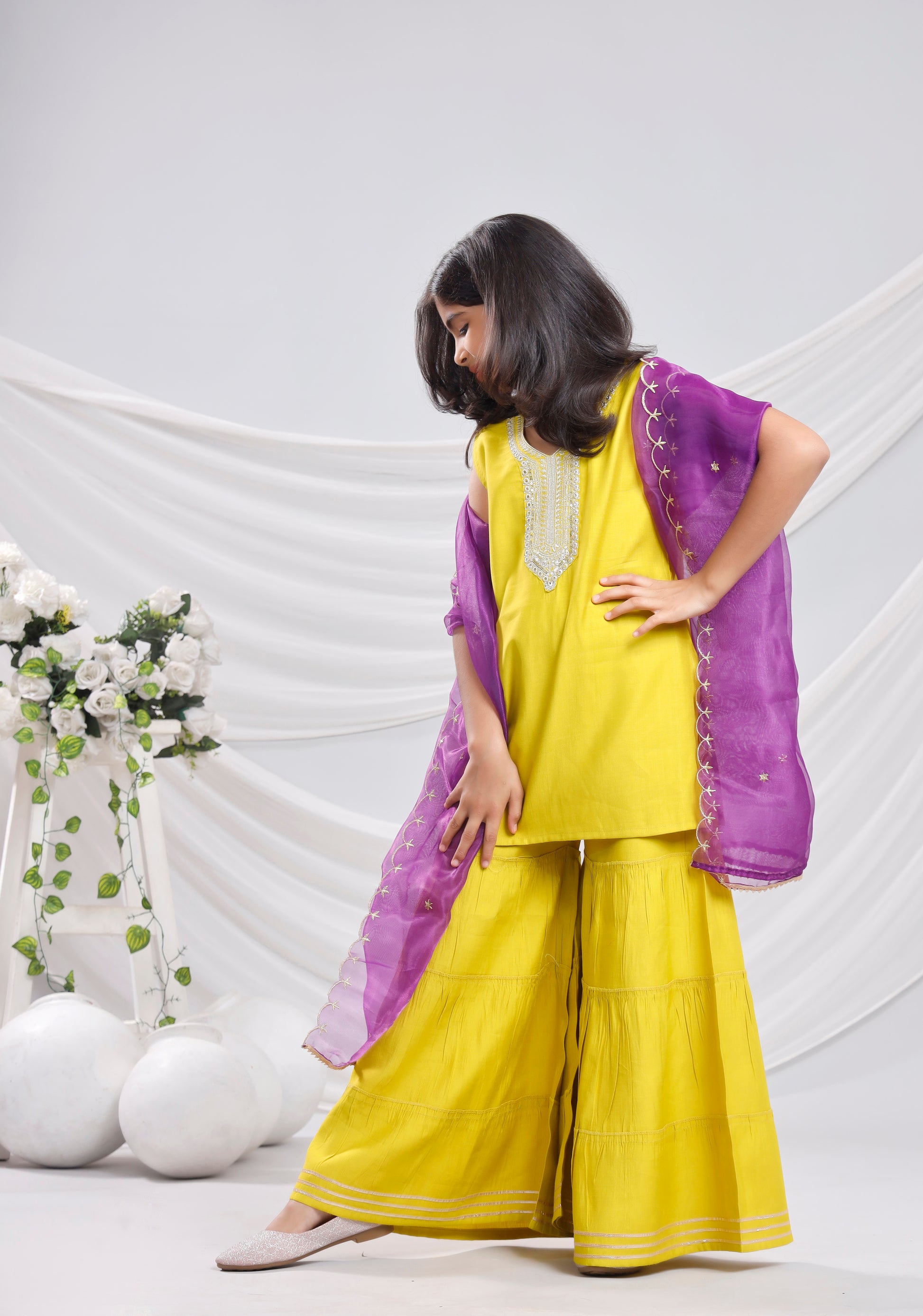 Misbis Girl's Sequence Work Kurta Sharara Dupatta Set