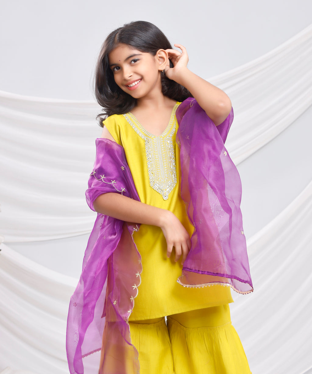 Misbis Girl's Sequence Work Kurta Sharara Dupatta Set