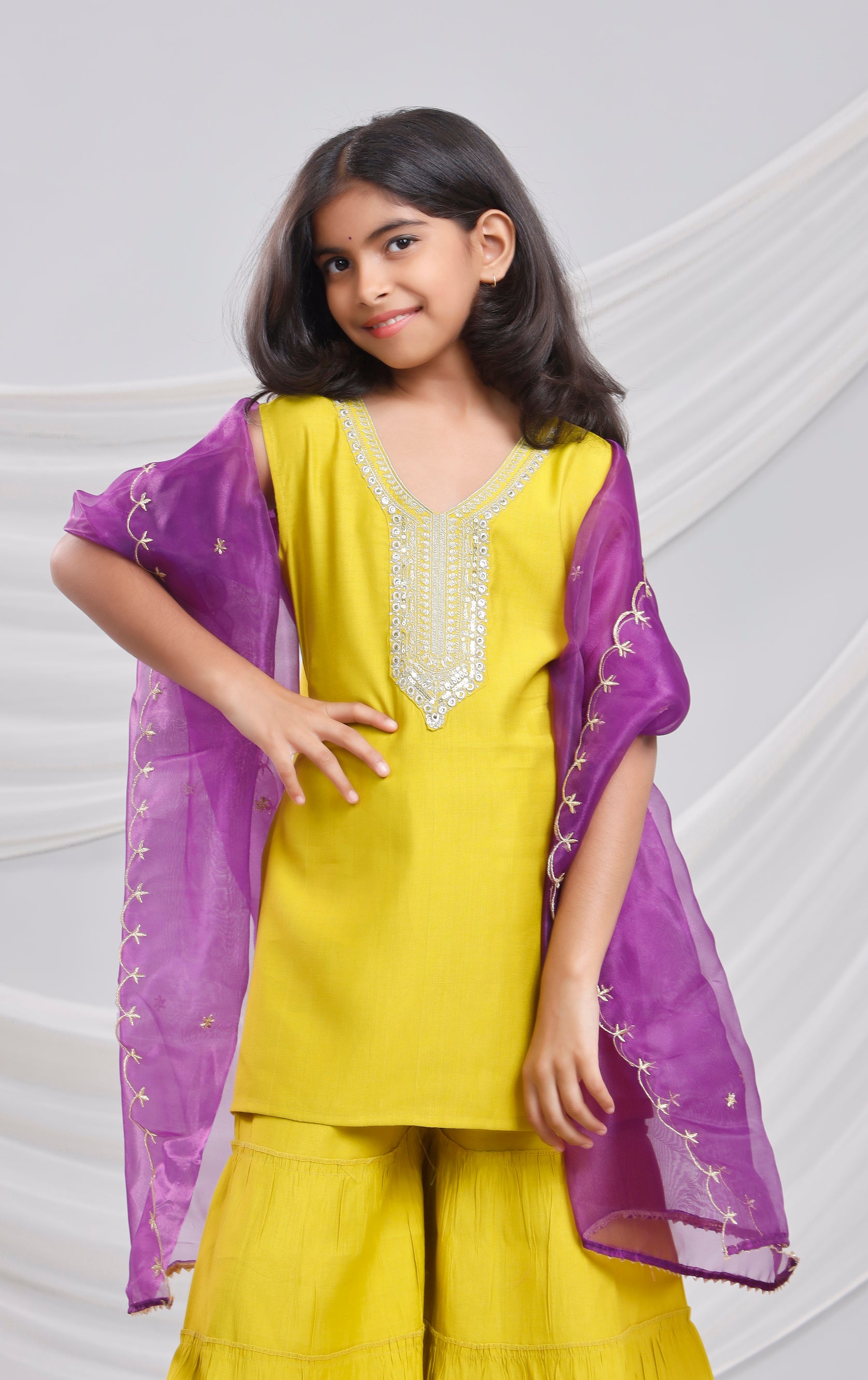 Misbis Girl's Sequence Work Kurta Sharara Dupatta Set