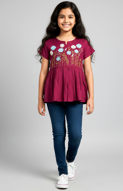 Misbis Girls Floral  Embroidery Short Kurti