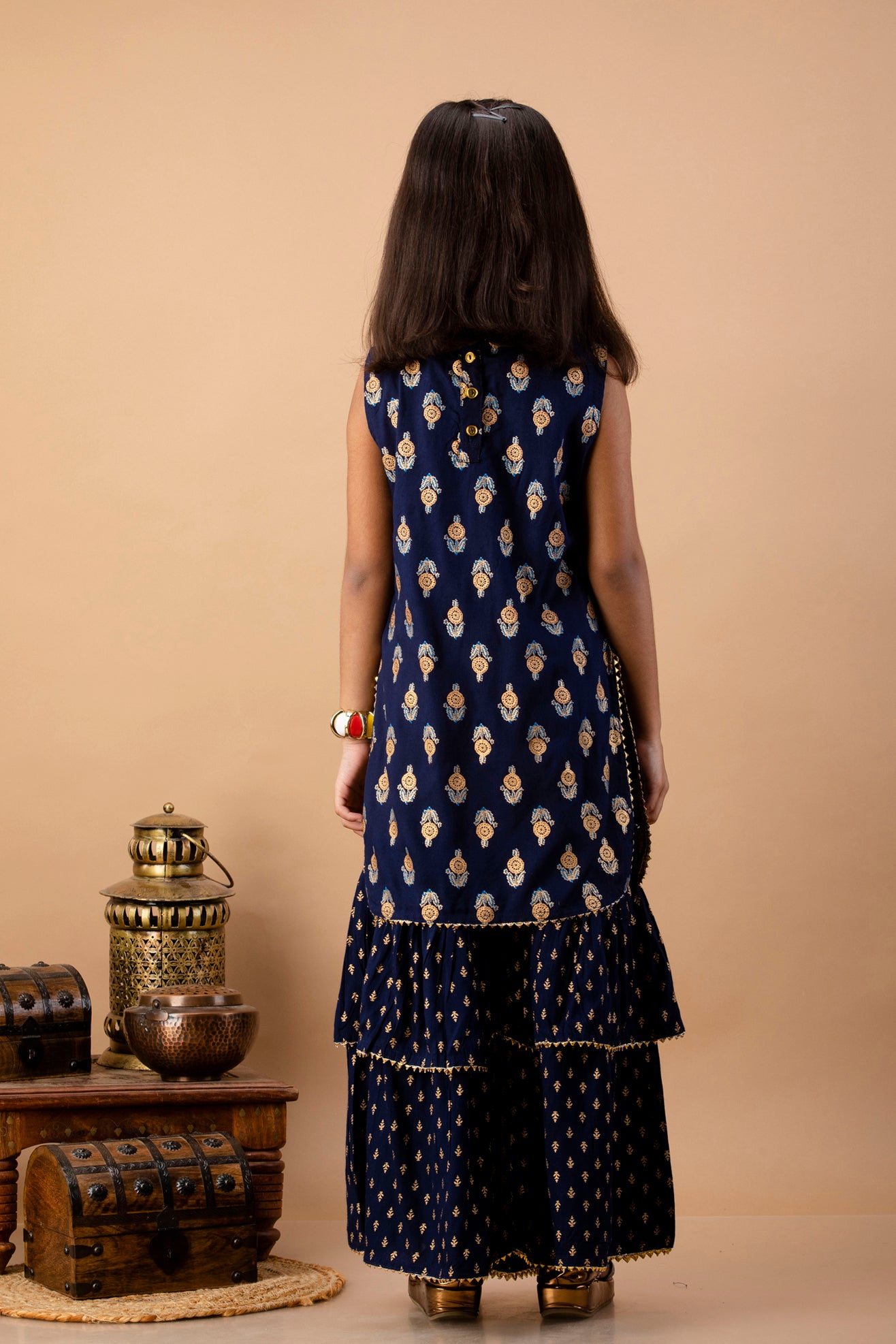 Misbis Girl's Blue Ethnic Motifs Kurti with Sharara & Dupatta