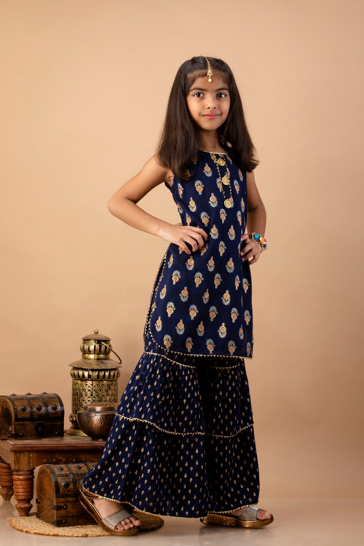 Misbis Girl's Blue Ethnic Motifs Kurti with Sharara & Dupatta