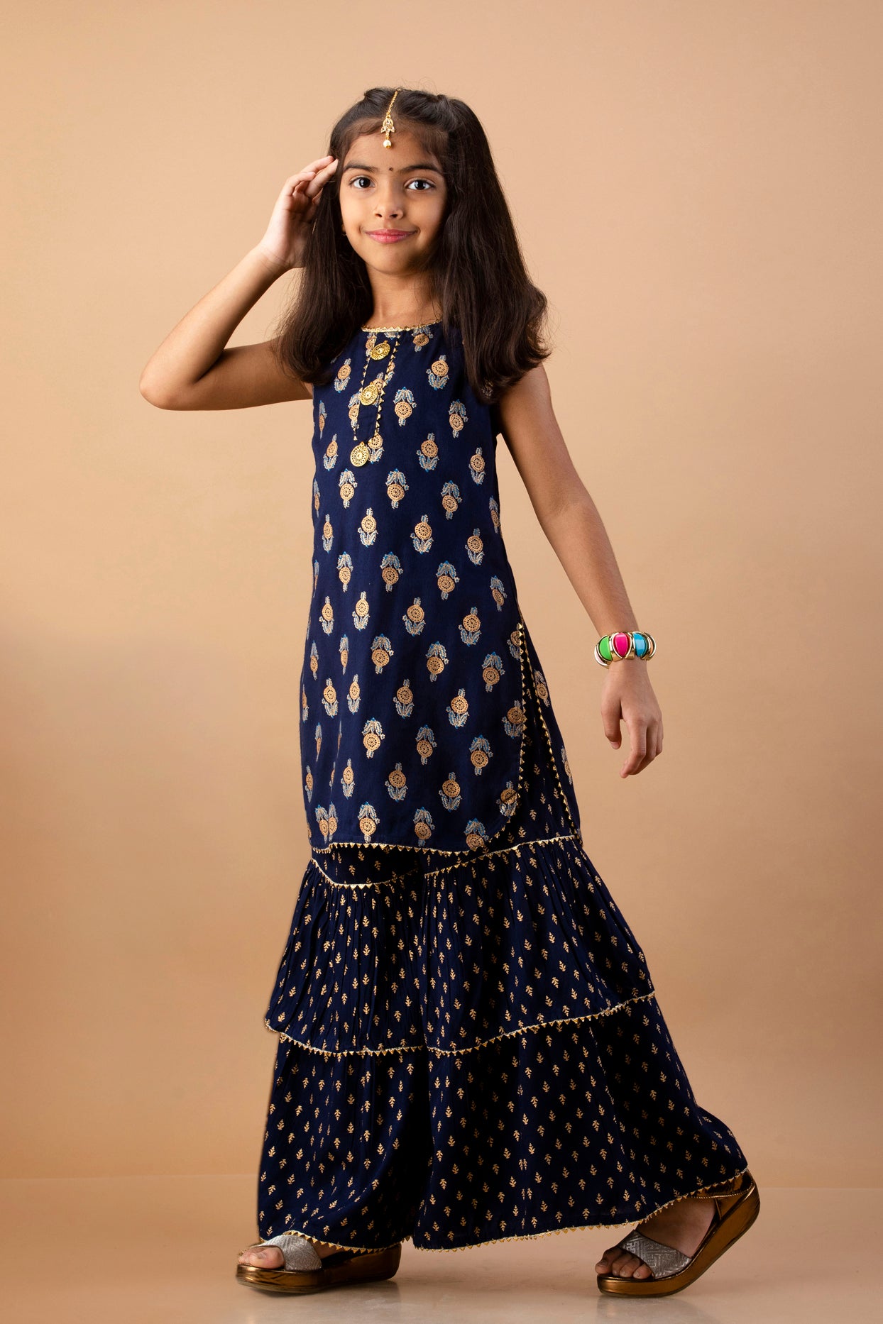 Misbis Girl's Blue Ethnic Motifs Kurti with Sharara & Dupatta