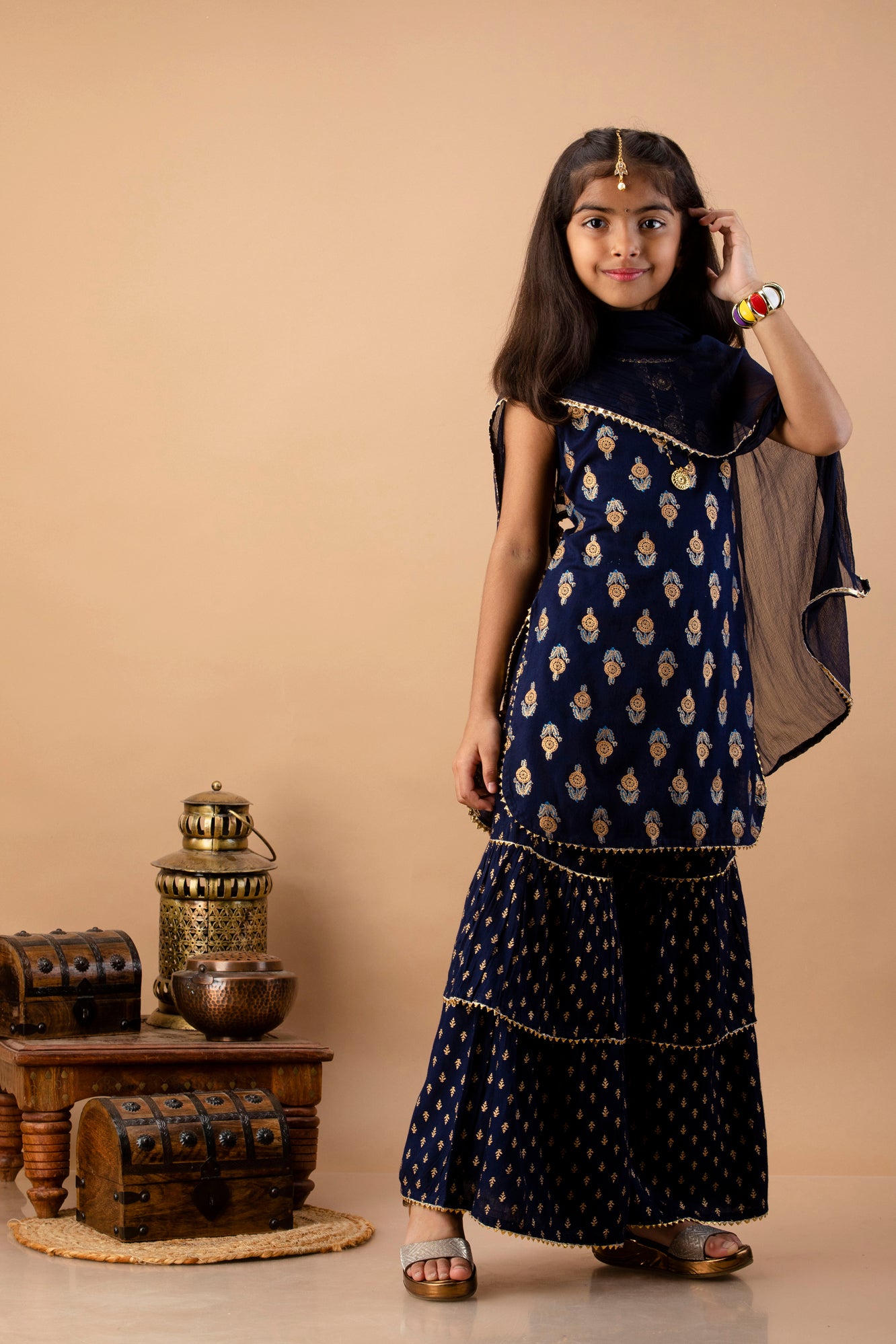 Misbis Girl's Blue Ethnic Motifs Kurti with Sharara & Dupatta