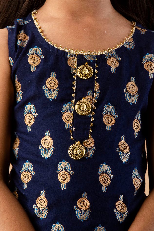 Misbis Girl's Blue Ethnic Motifs Kurti with Sharara & Dupatta