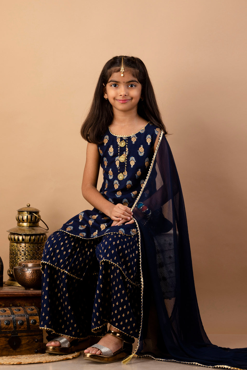Misbis Girl's Blue Ethnic Motifs Kurti with Sharara & Dupatta