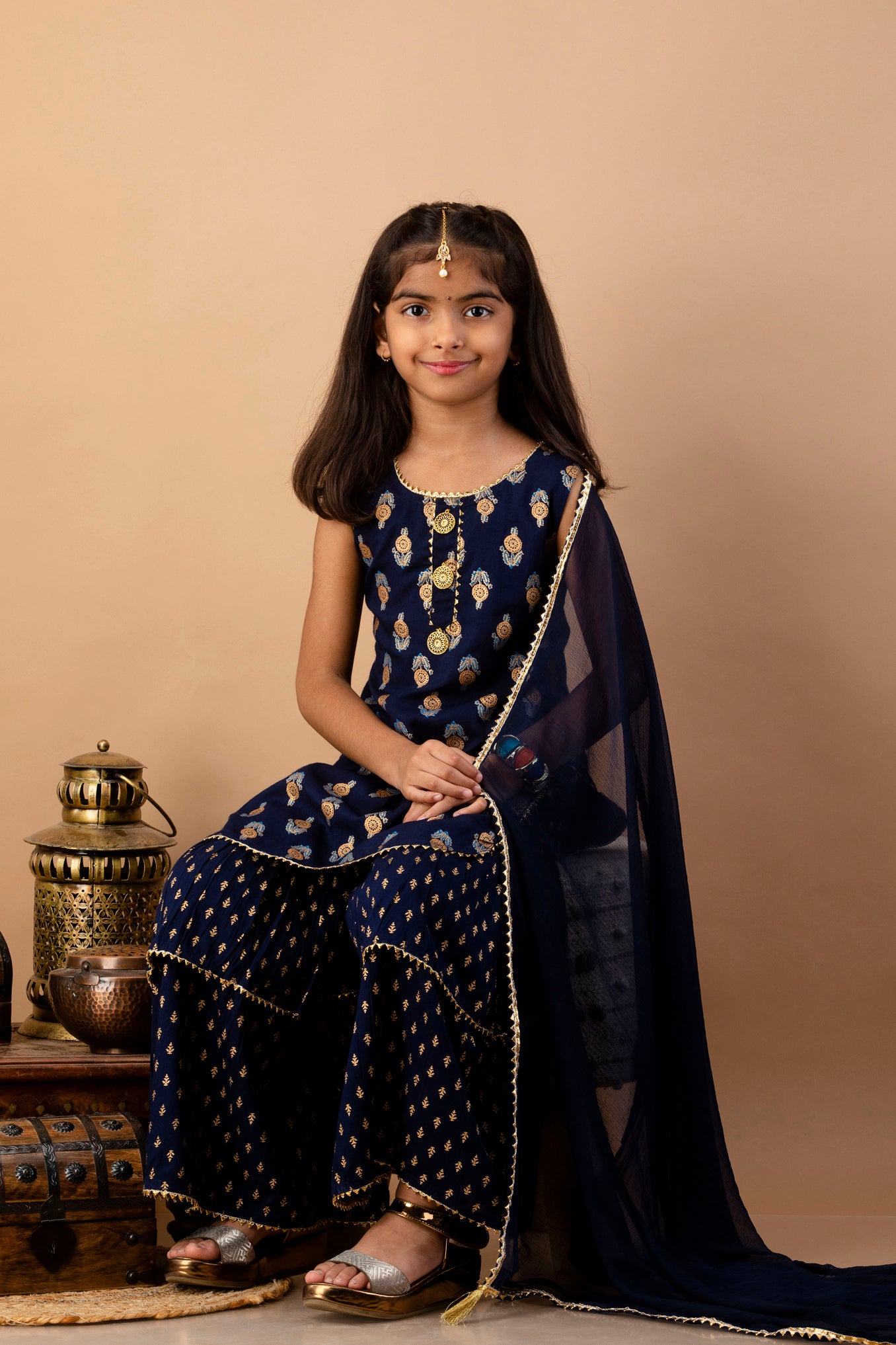 Misbis Girl's Blue Ethnic Motifs Kurti with Sharara & Dupatta