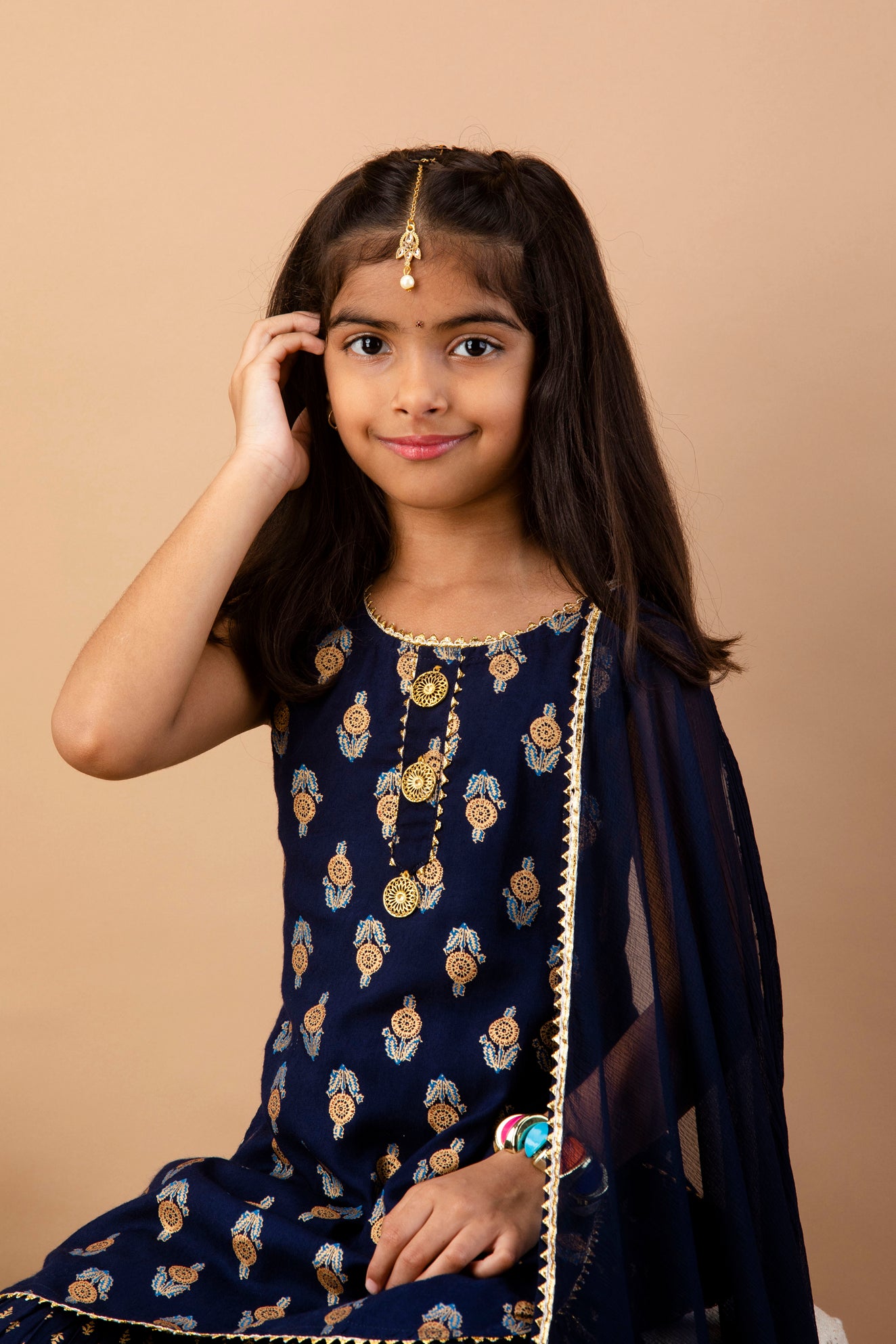 Misbis Girl's Blue Ethnic Motifs Kurti with Sharara & Dupatta