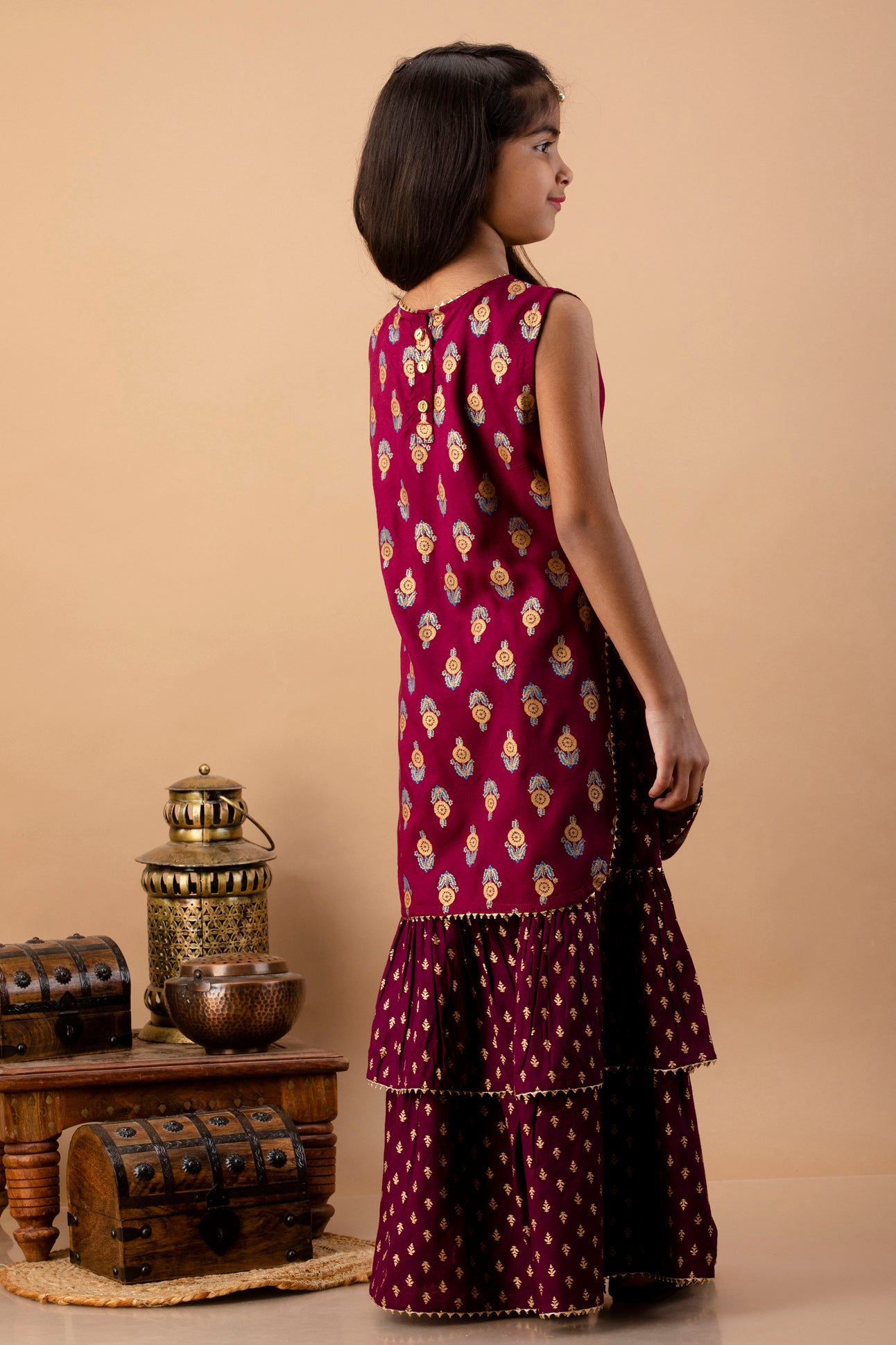 Misbis Girl's Maroon Ethnic Motifs Kurti with Sharara & Dupatta