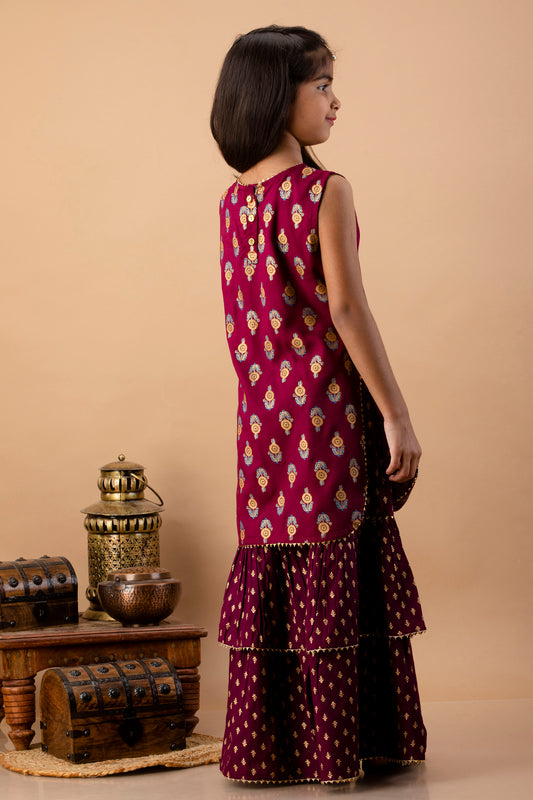 Misbis Girl's Maroon Ethnic Motifs Kurti with Sharara & Dupatta