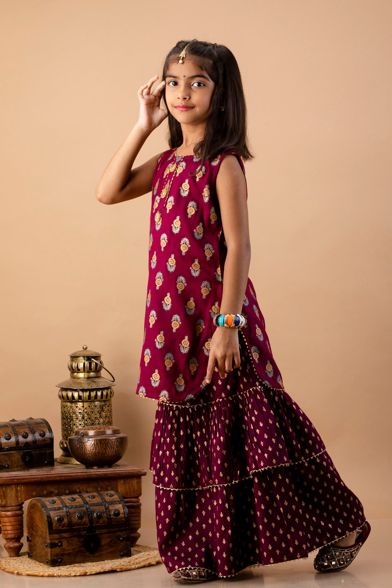 Misbis Girl's Maroon Ethnic Motifs Kurti with Sharara & Dupatta