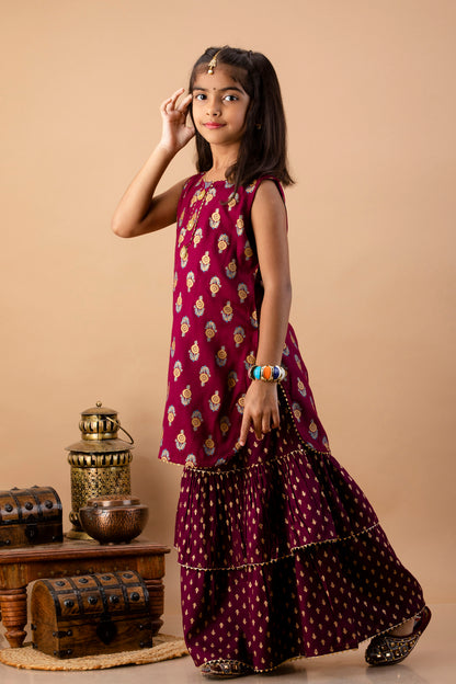 Misbis Girl's Maroon Ethnic Motifs Kurti with Sharara & Dupatta