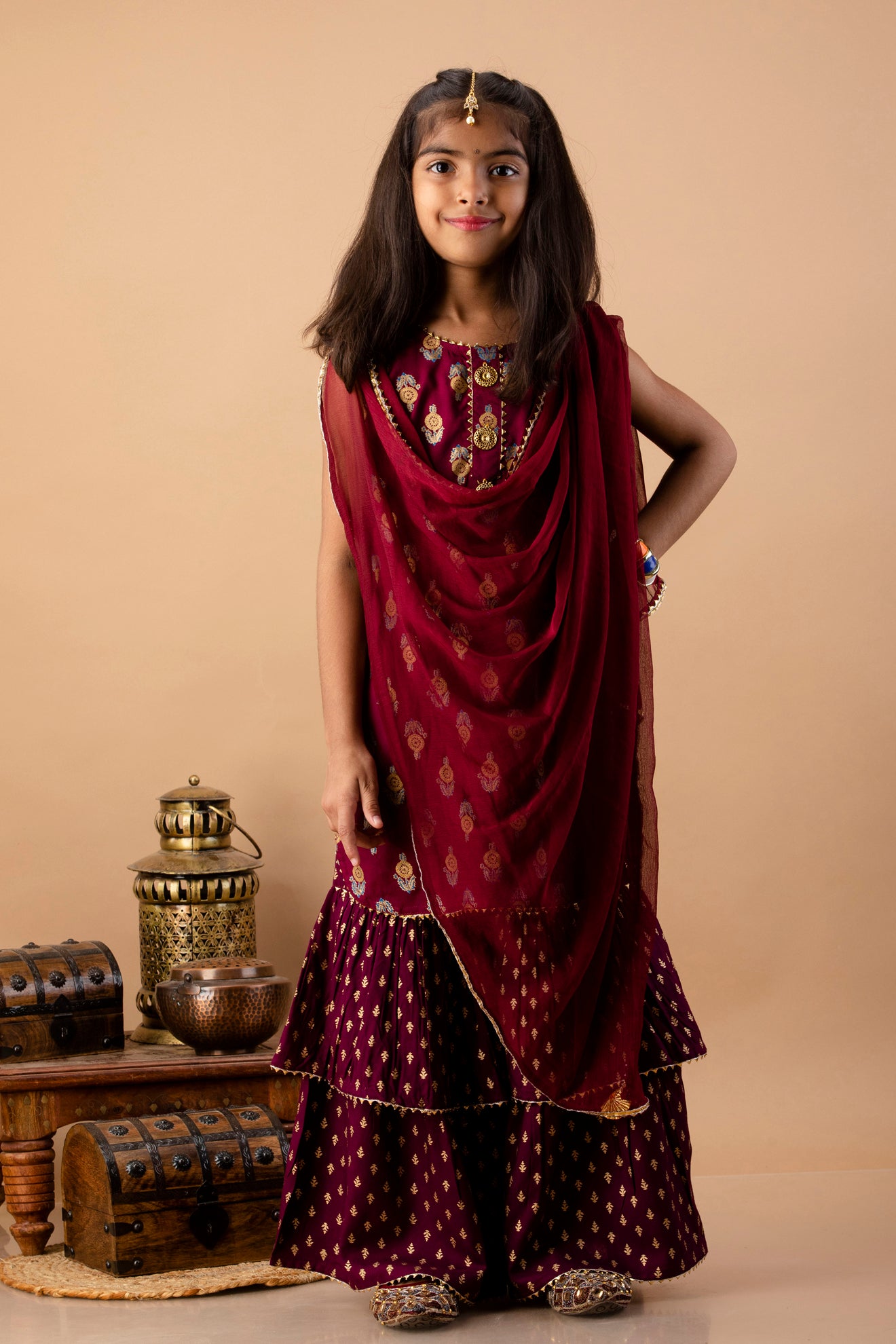 Misbis Girl's Maroon Ethnic Motifs Kurti with Sharara & Dupatta