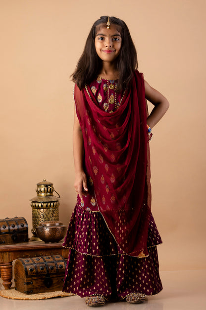 Misbis Girl's Maroon Ethnic Motifs Kurti with Sharara & Dupatta