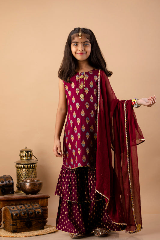 Misbis Girl's Maroon Ethnic Motifs Kurti with Sharara & Dupatta