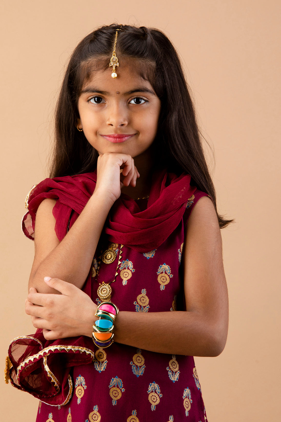 Misbis Girl's Maroon Ethnic Motifs Kurti with Sharara & Dupatta