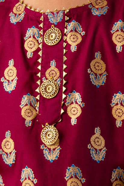 Misbis Girl's Maroon Ethnic Motifs Kurti with Sharara & Dupatta