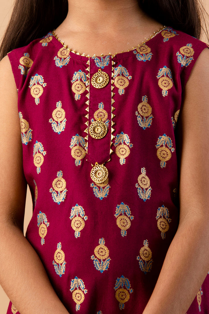 Misbis Girl's Maroon Ethnic Motifs Kurti with Sharara & Dupatta